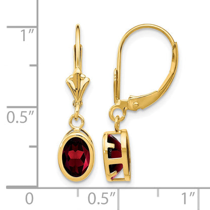 14k 7x5mm Oval Garnet Bezel Leverback Dangle Earrings