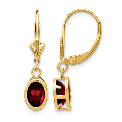 14k 7x5mm Oval Garnet Bezel Leverback Dangle Earrings