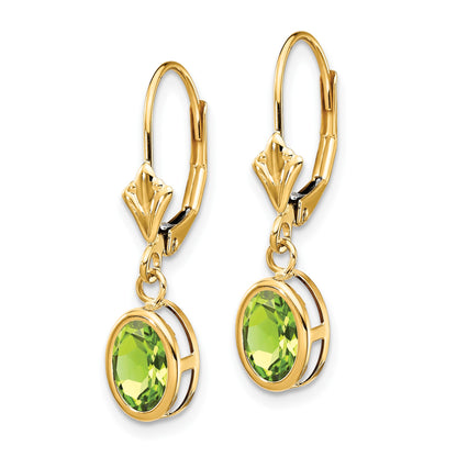 14k 7x5mm Oval Peridot Bezel Leverback Dangle Earrings