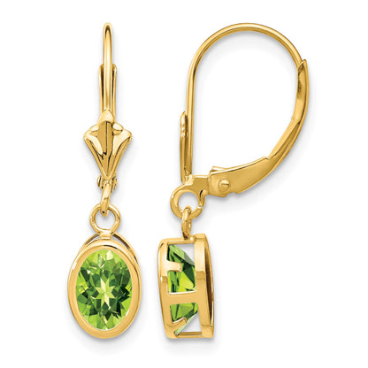 14k 7x5mm Oval Peridot Bezel Leverback Dangle Earrings