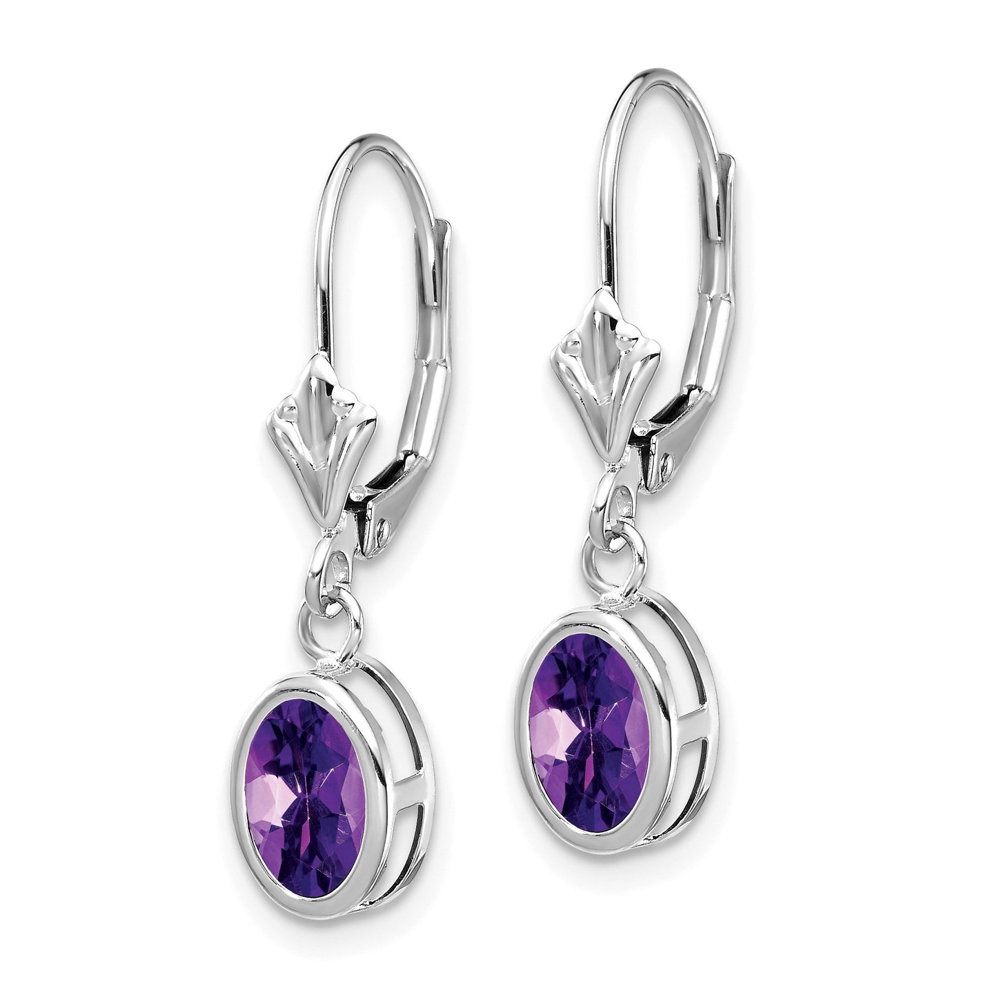14k White Gold 7x5mm Oval Amethyst Bezel Leverback Dangle Earrings