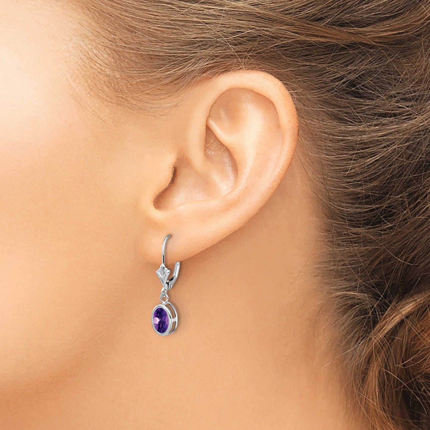 14k White Gold 7x5mm Oval Amethyst Bezel Leverback Dangle Earrings