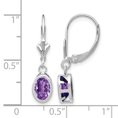 14k White Gold 7x5mm Oval Amethyst Bezel Leverback Dangle Earrings