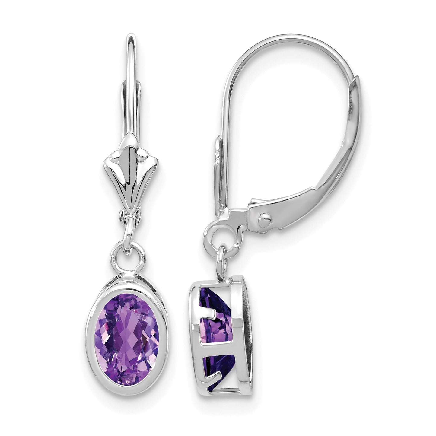 14k White Gold 7x5mm Oval Amethyst Bezel Leverback Dangle Earrings