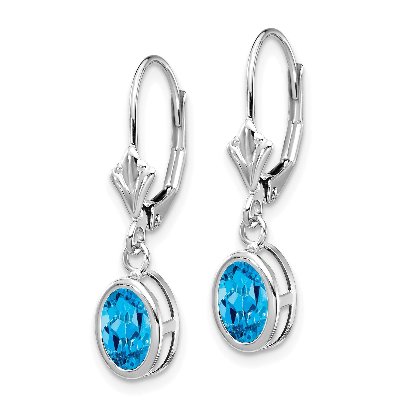 14k White Gold 7x5mm Oval Blue Topaz Bezel Leverback Dangle Earrings