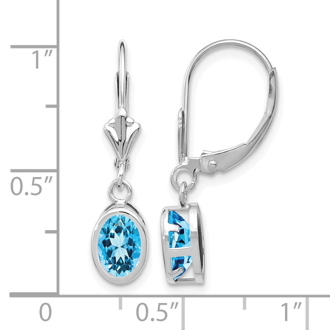 14k White Gold 7x5mm Oval Blue Topaz Bezel Leverback Dangle Earrings