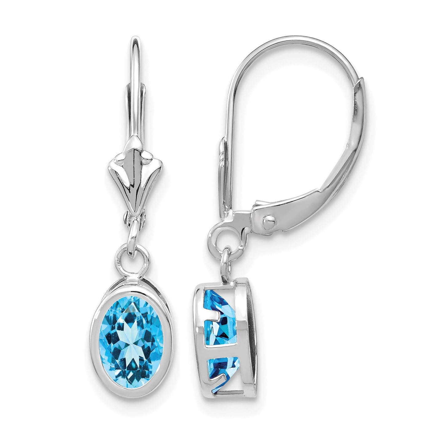 14k White Gold 7x5mm Oval Blue Topaz Bezel Leverback Dangle Earrings