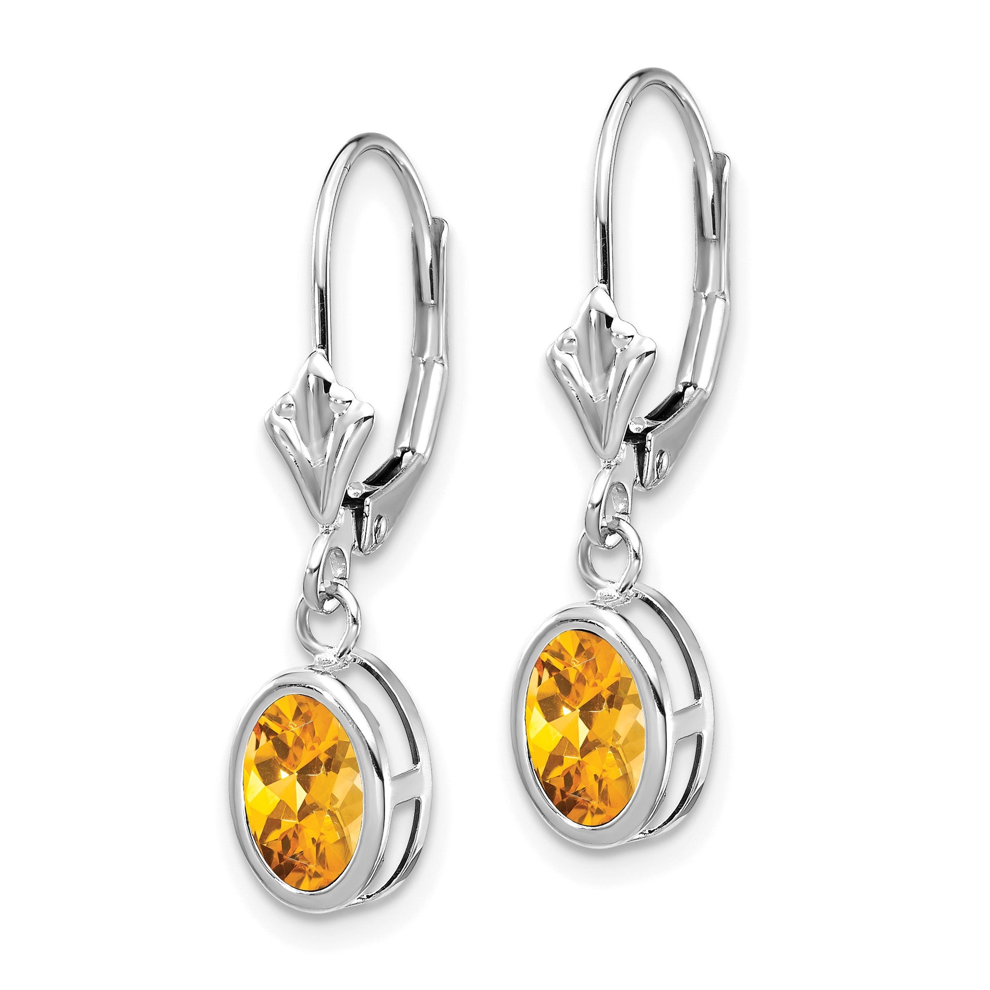 14k White Gold 7x5mm Oval Citrine Bezel Leverback Dangle Earrings