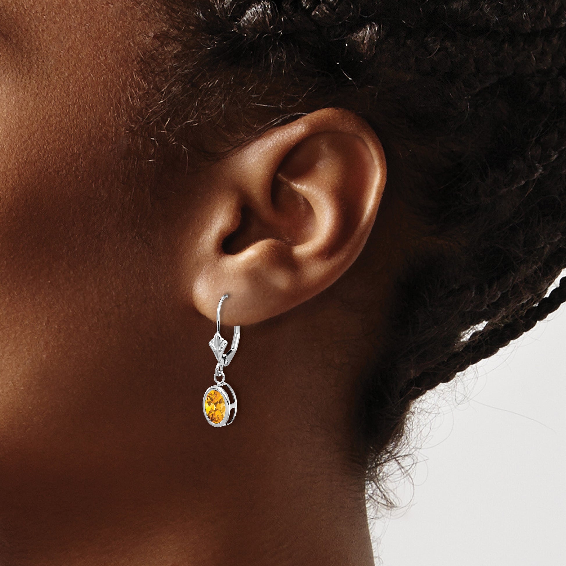 14k White Gold 7x5mm Oval Citrine Bezel Leverback Dangle Earrings