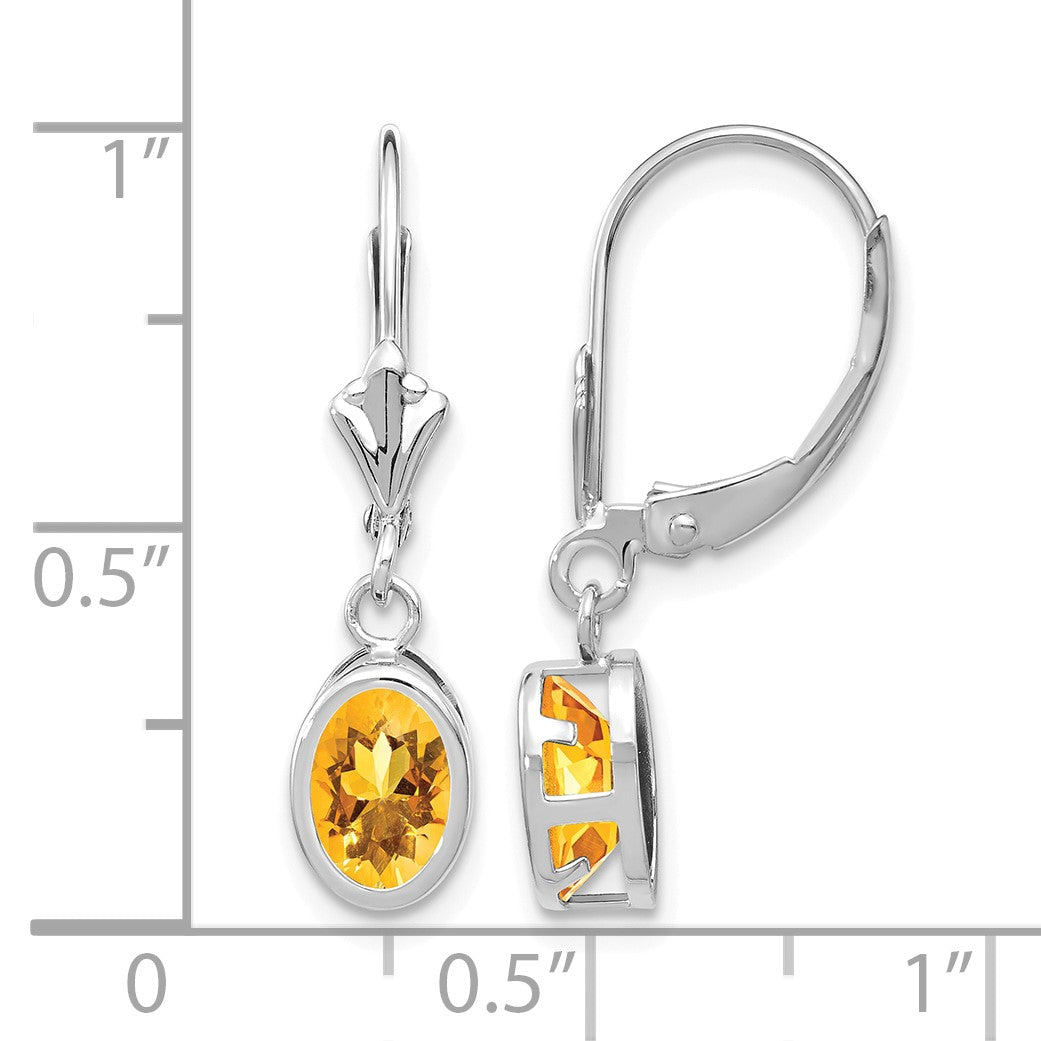 14k White Gold 7x5mm Oval Citrine Bezel Leverback Dangle Earrings