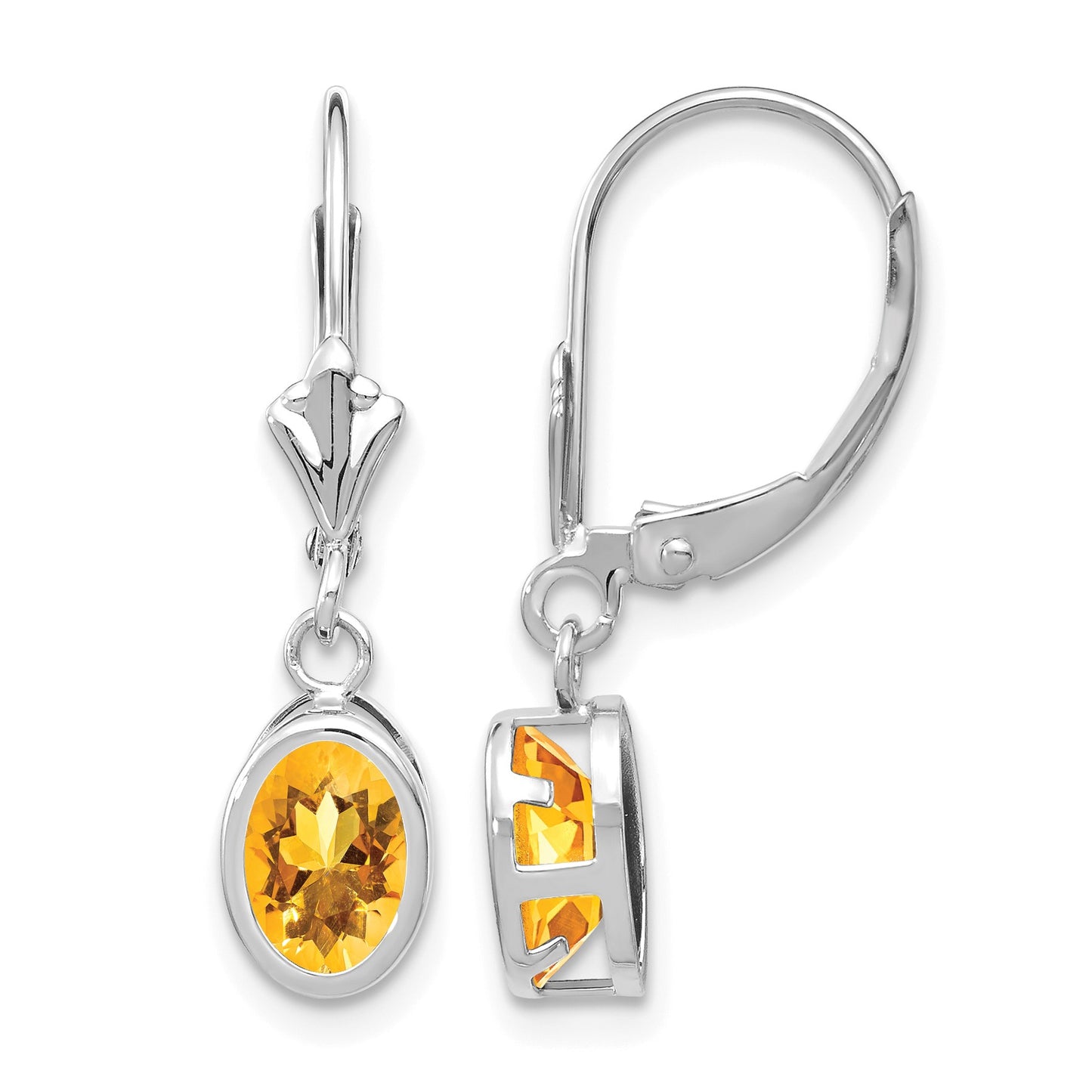 14k White Gold 7x5mm Oval Citrine Bezel Leverback Dangle Earrings
