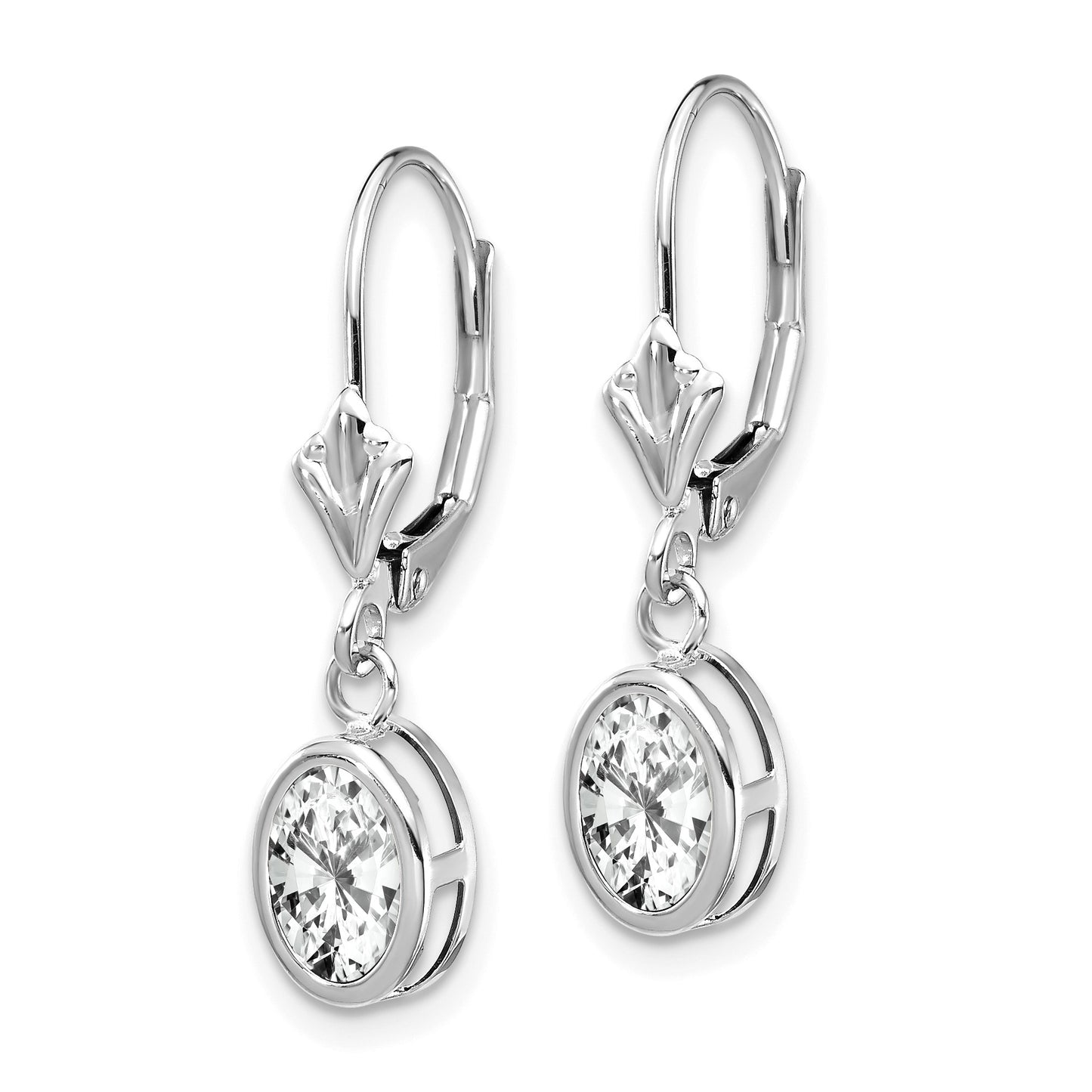 14k White Gold 7x5mm Oval Cubic Zirconia Bezel Leverback Dangle Earrings
