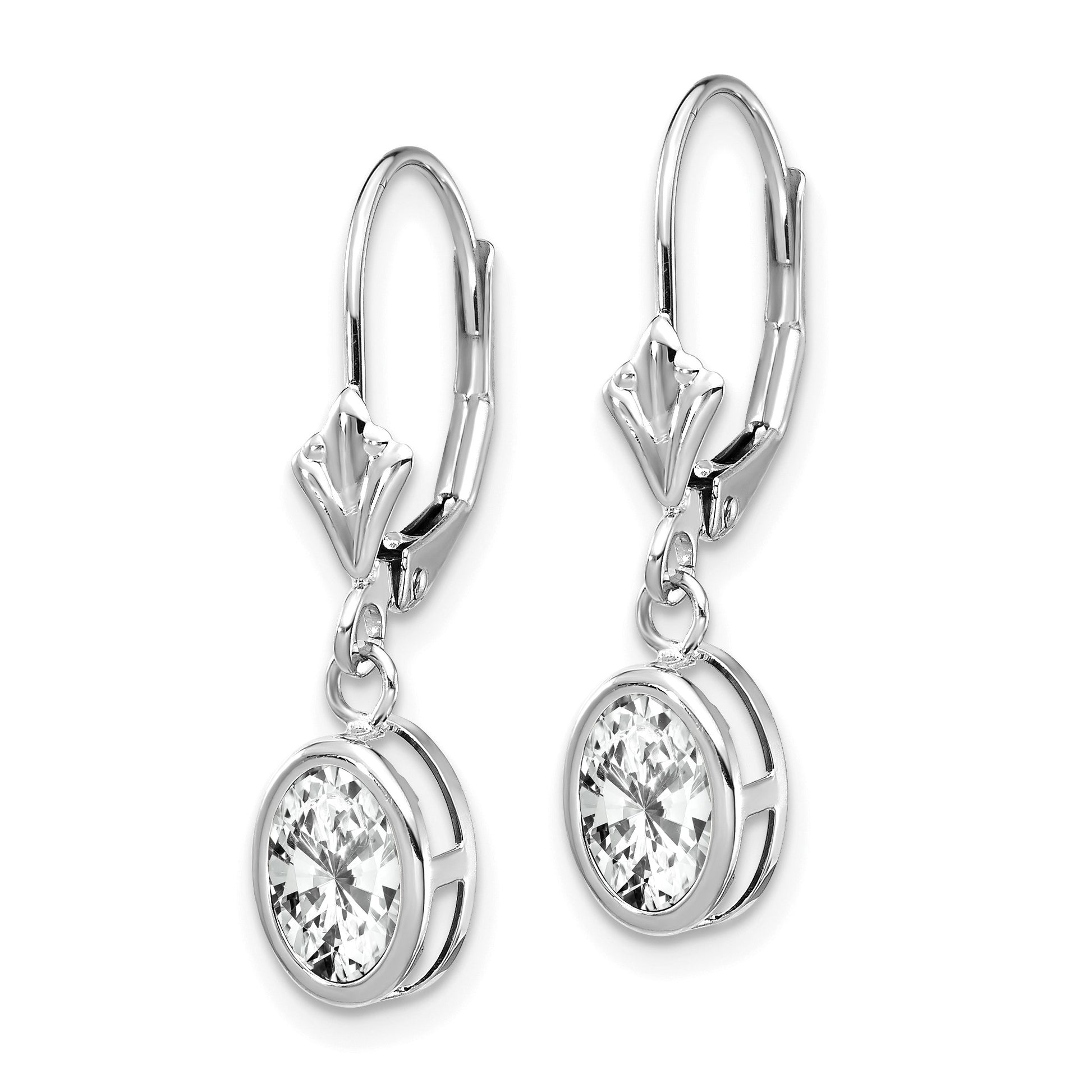 14k White Gold 7x5mm Oval Cubic Zirconia Bezel Leverback Dangle Earrings