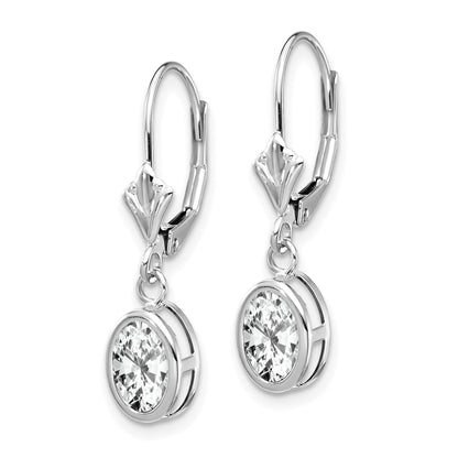 14k White Gold 7x5mm Oval Cubic Zirconia Bezel Leverback Dangle Earrings