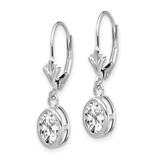 14k White Gold 7x5mm Oval Cubic Zirconia Bezel Leverback Dangle Earrings