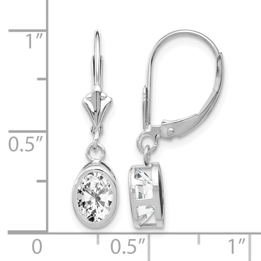 14k White Gold 7x5mm Oval Cubic Zirconia Bezel Leverback Dangle Earrings
