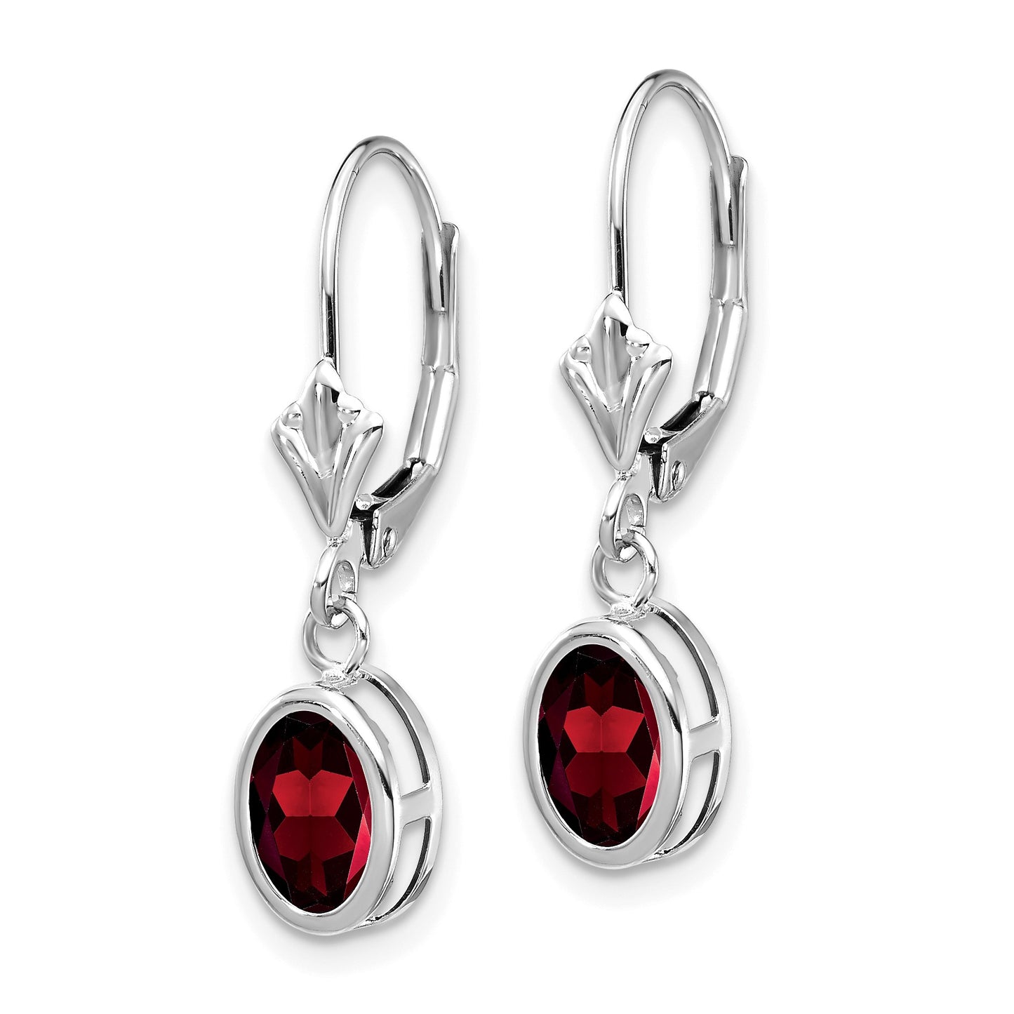 14k White Gold 7x5mm Oval Garnet Dangle Leverback Earrings