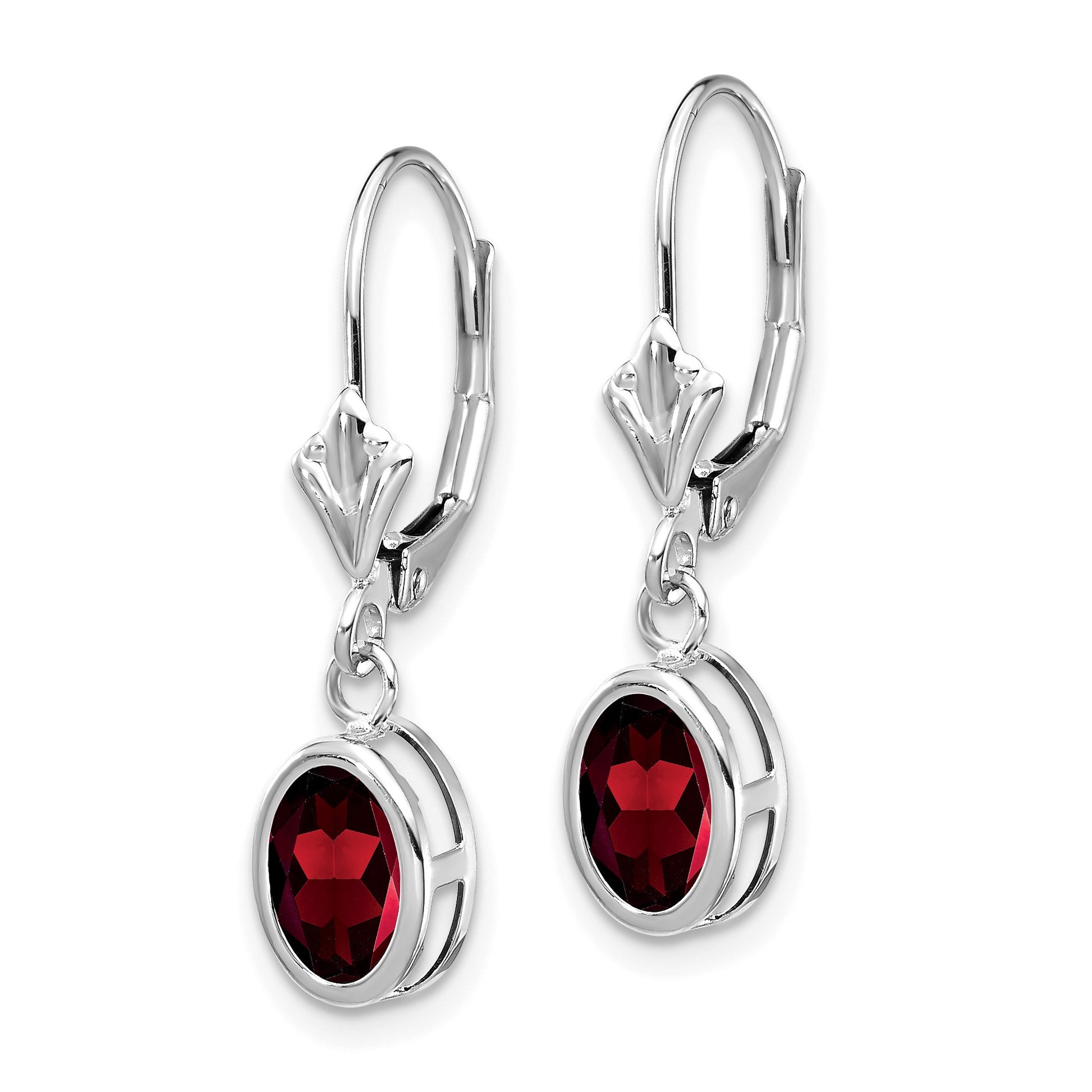 14k White Gold 7x5mm Oval Garnet Dangle Leverback Earrings