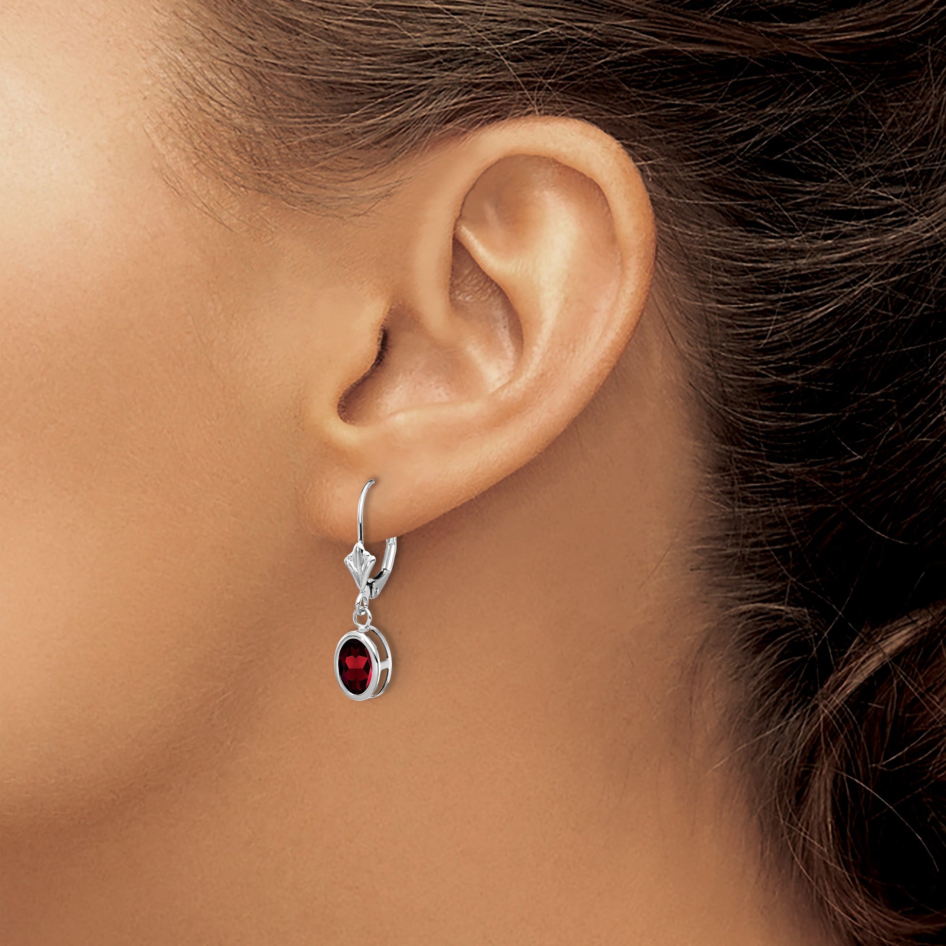 14k White Gold 7x5mm Oval Garnet Dangle Leverback Earrings