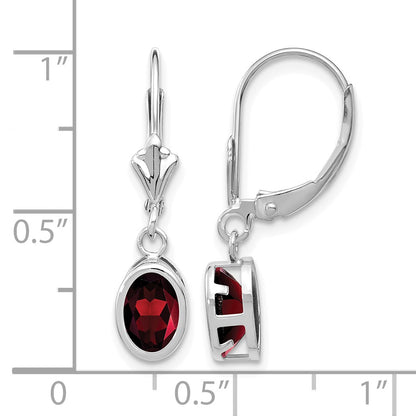 14k White Gold 7x5mm Oval Garnet Dangle Leverback Earrings