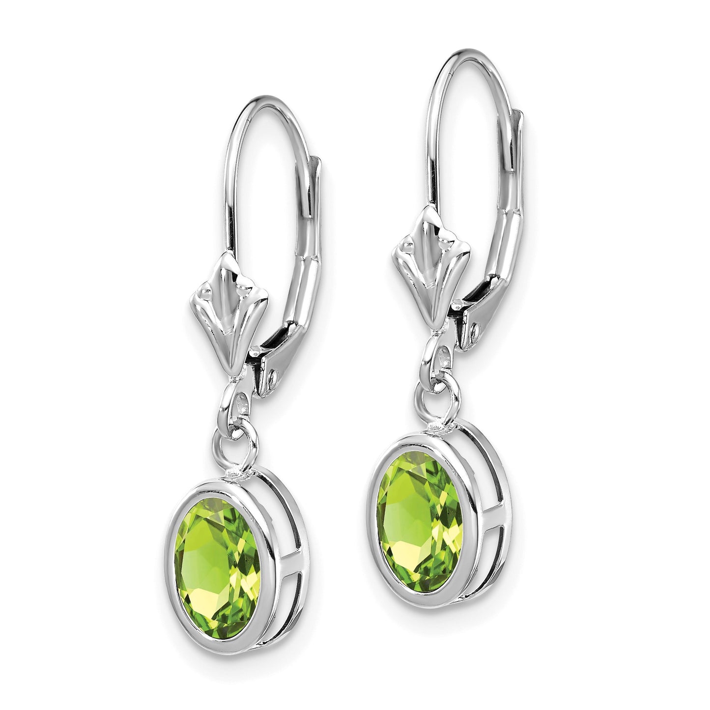 14k White Gold 7x5mm Oval Peridot Bezel Leverback Dangle Earrings