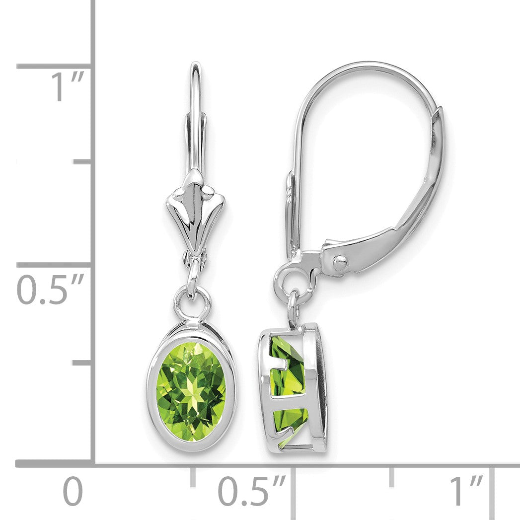 14k White Gold 7x5mm Oval Peridot Bezel Leverback Dangle Earrings