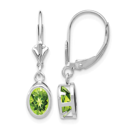 14k White Gold 7x5mm Oval Peridot Bezel Leverback Dangle Earrings