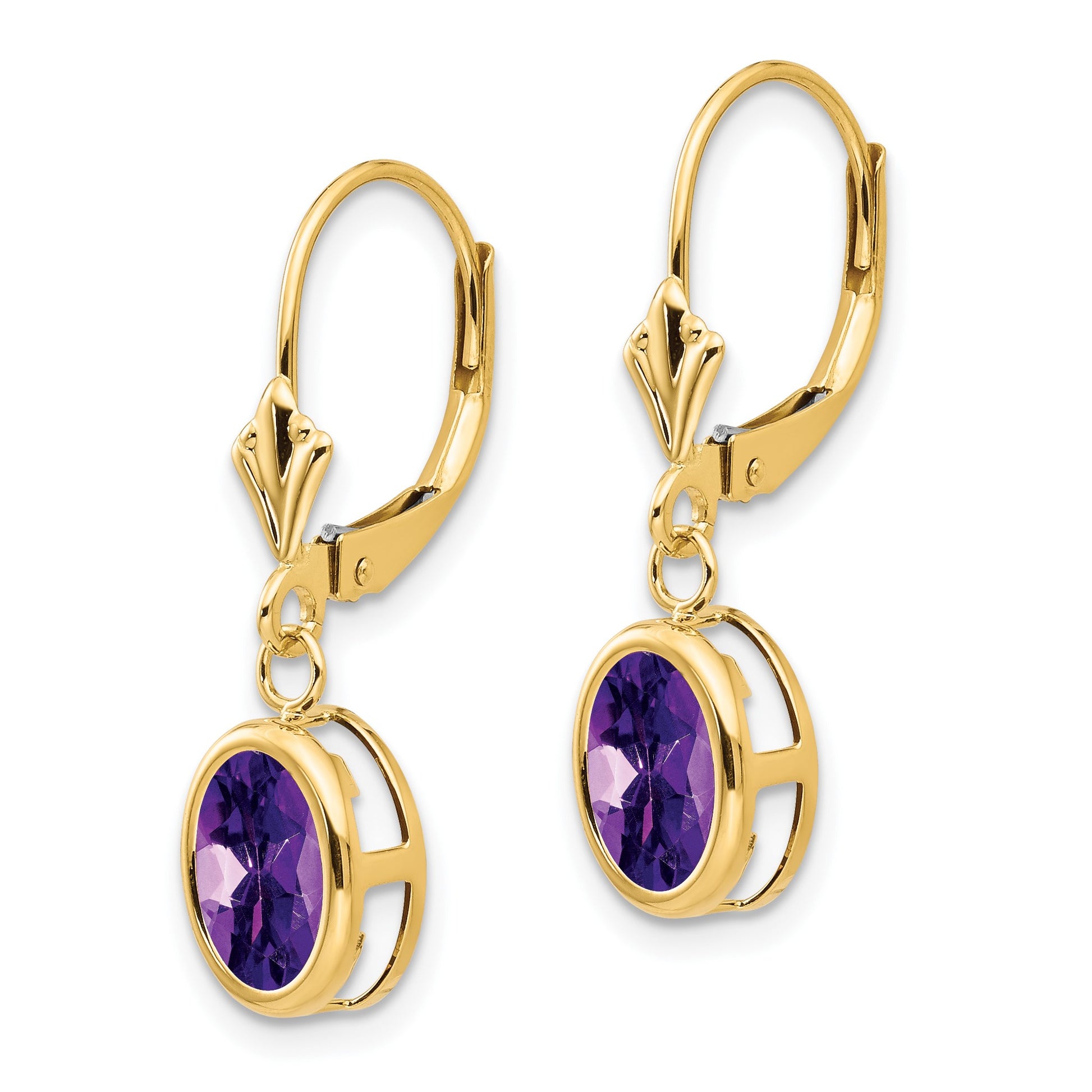 14k 8x6mm Oval Amethyst Bezel Leverback Dangle Earrings