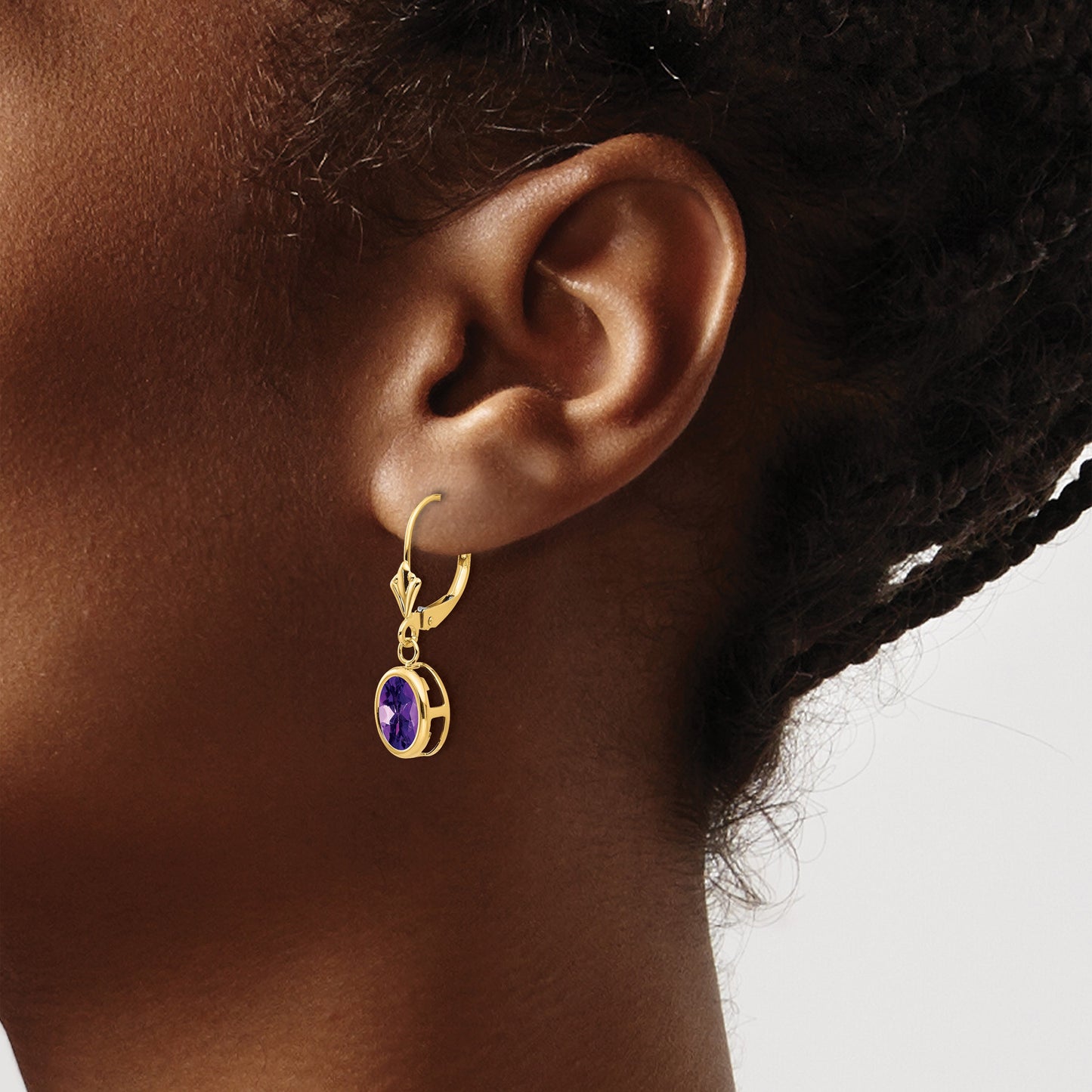 14k 8x6mm Oval Amethyst Bezel Leverback Dangle Earrings