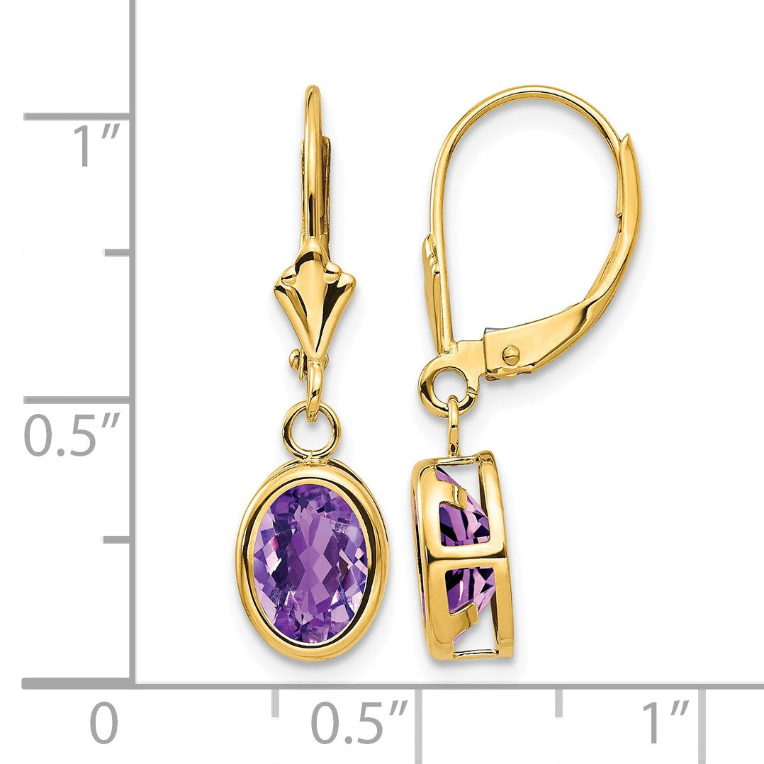 14k 8x6mm Oval Amethyst Bezel Leverback Dangle Earrings
