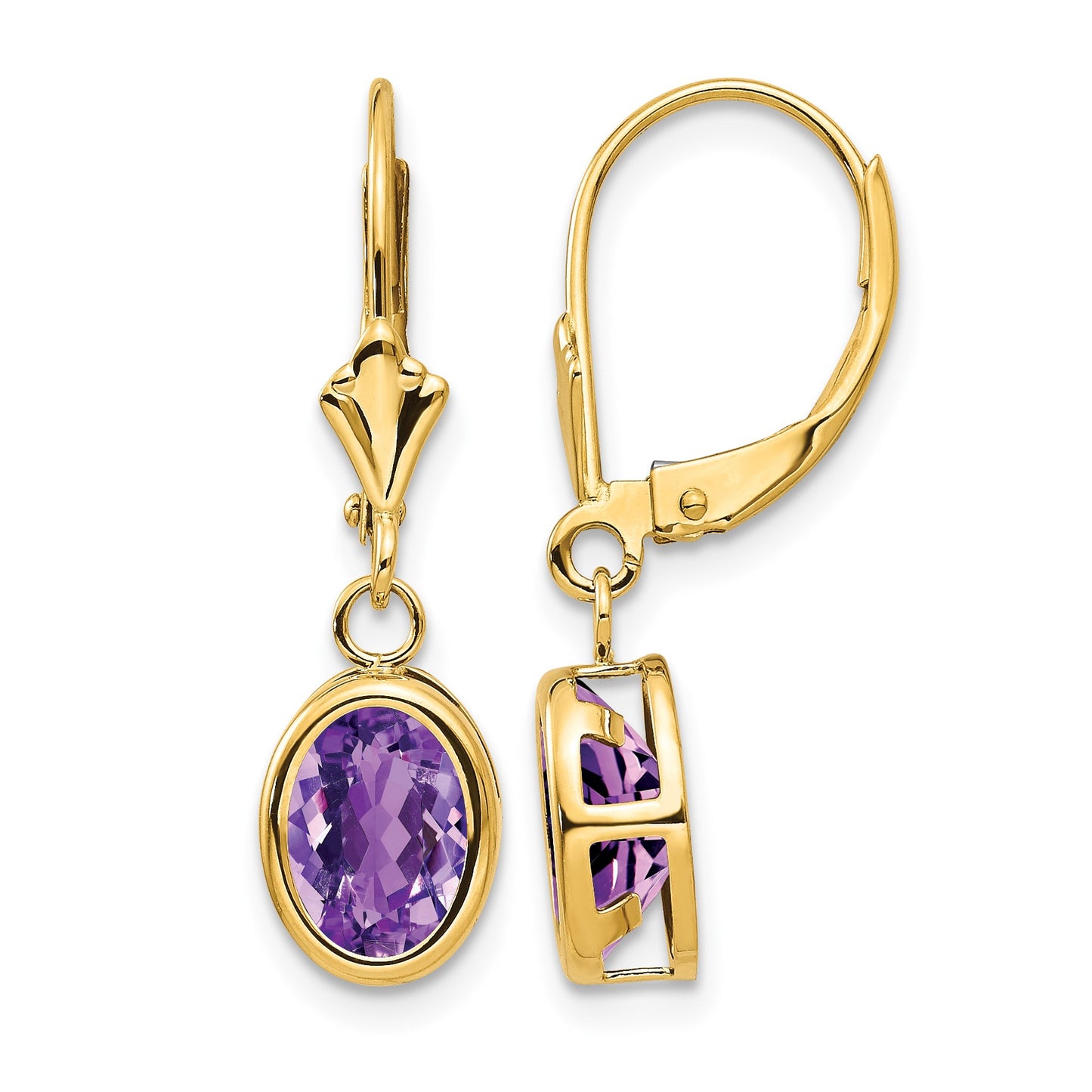 14k 8x6mm Oval Amethyst Bezel Leverback Dangle Earrings