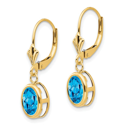 14k 8x6mm Oval Blue Topaz Bezel Leverback Dangle Earrings