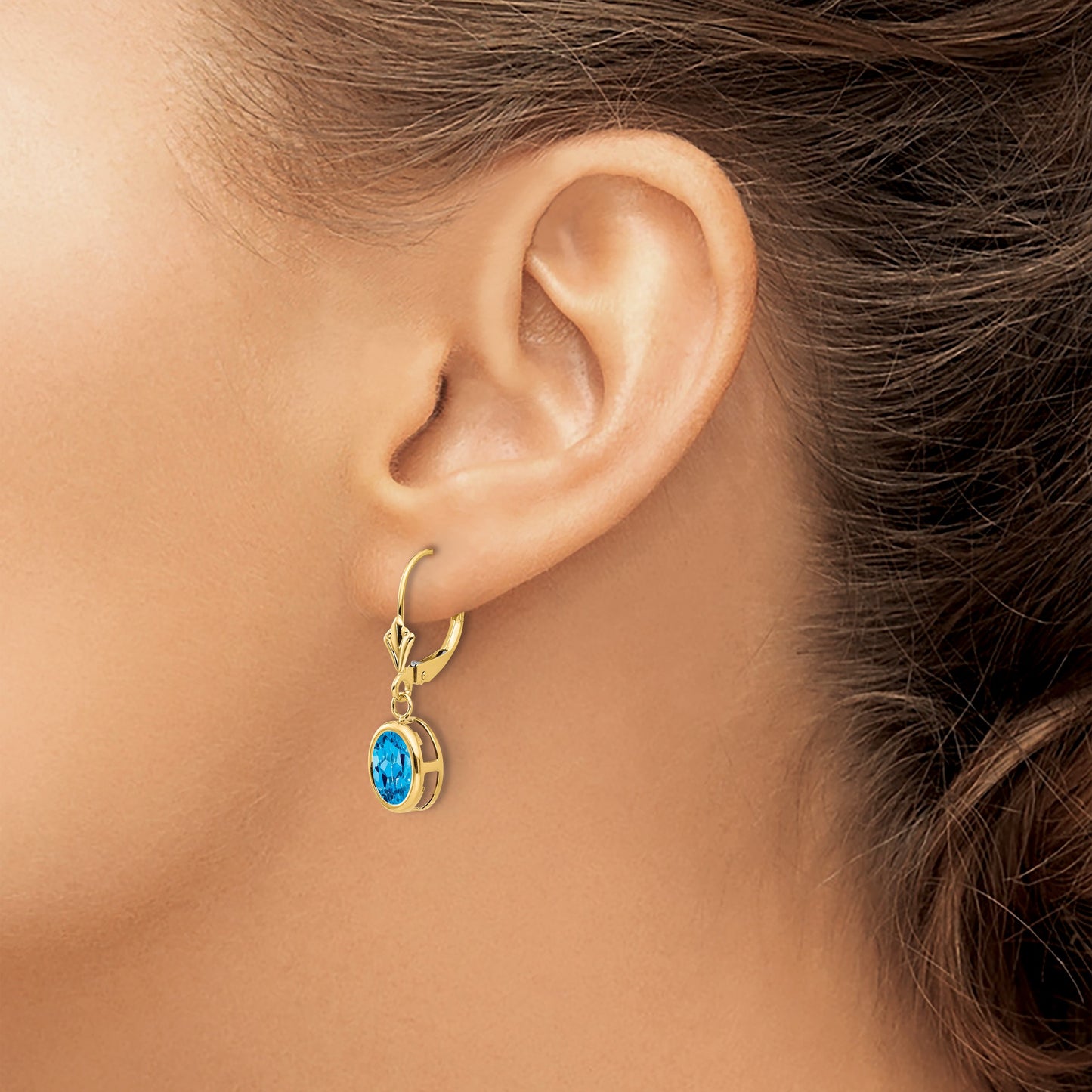 14k 8x6mm Oval Blue Topaz Bezel Leverback Dangle Earrings