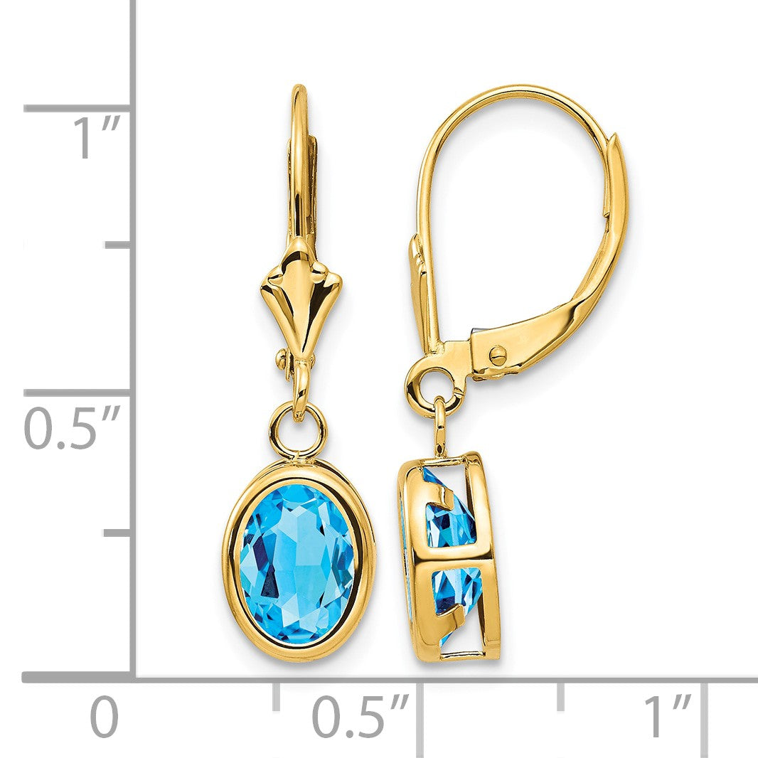 14k 8x6mm Oval Blue Topaz Bezel Leverback Dangle Earrings