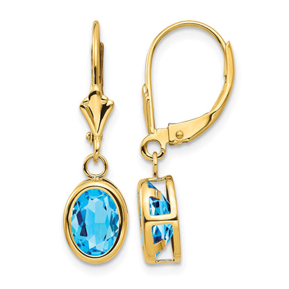14k 8x6mm Oval Blue Topaz Bezel Leverback Dangle Earrings