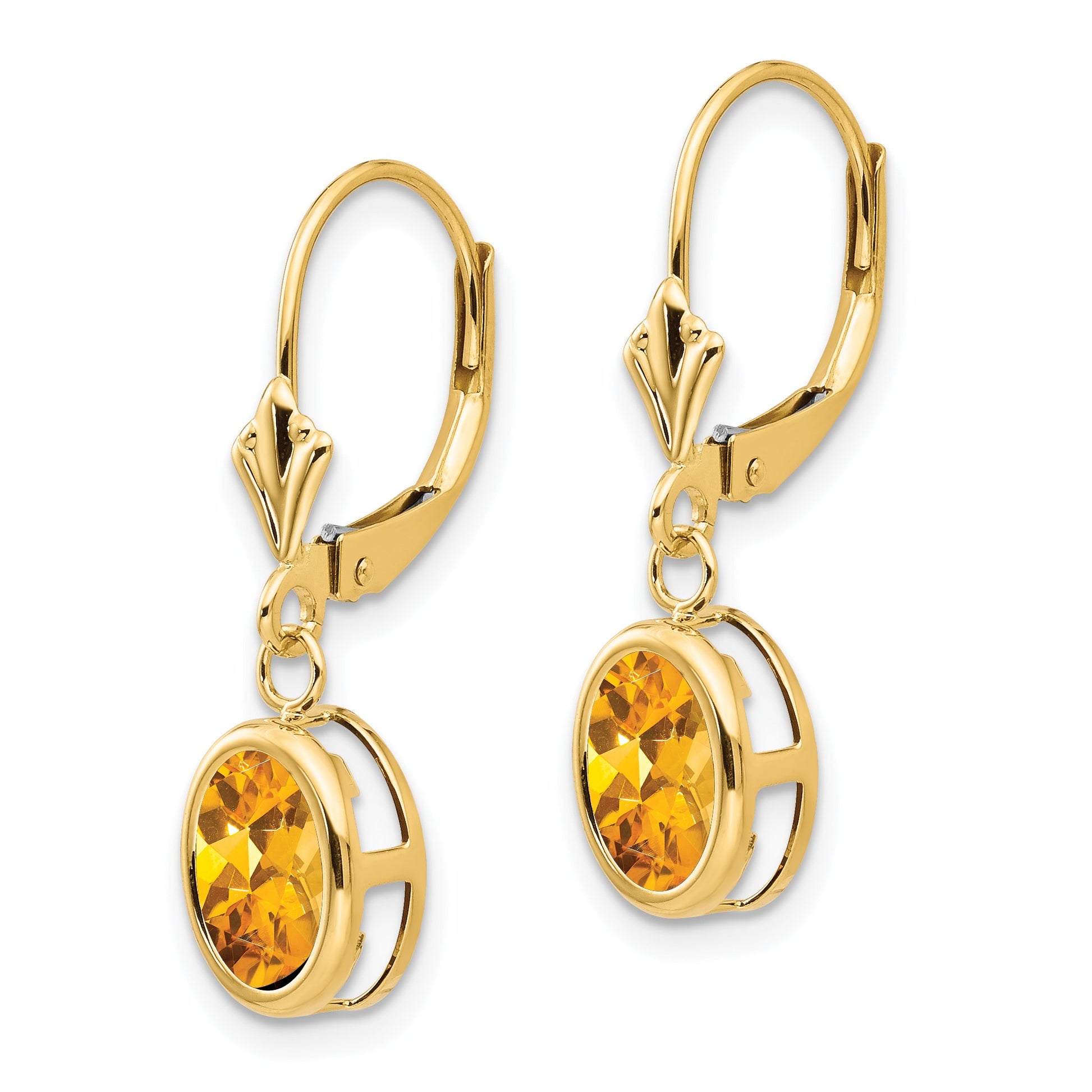 14k 8x6mm Oval Citrine Bezel Leverback Dangle Earrings