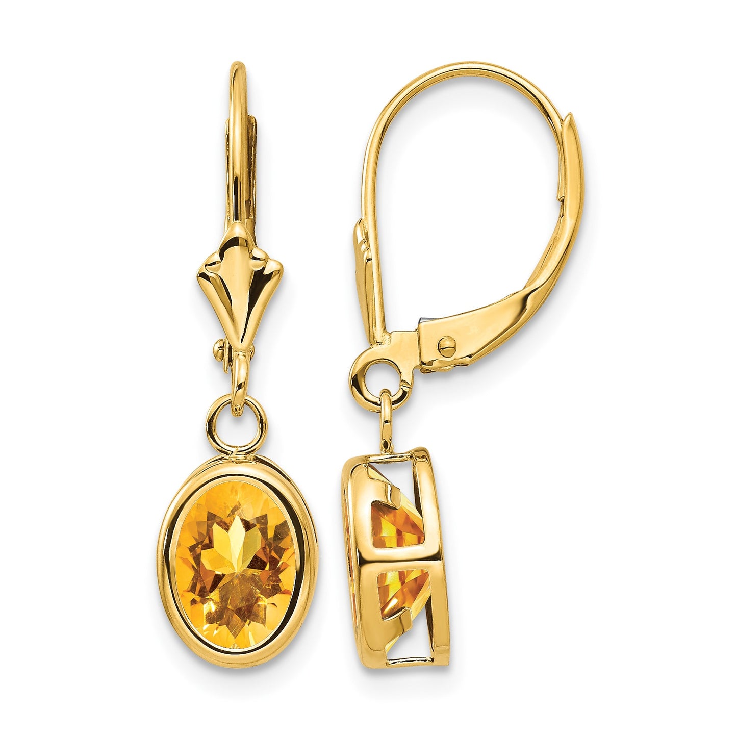14k 8x6mm Oval Citrine Bezel Leverback Dangle Earrings