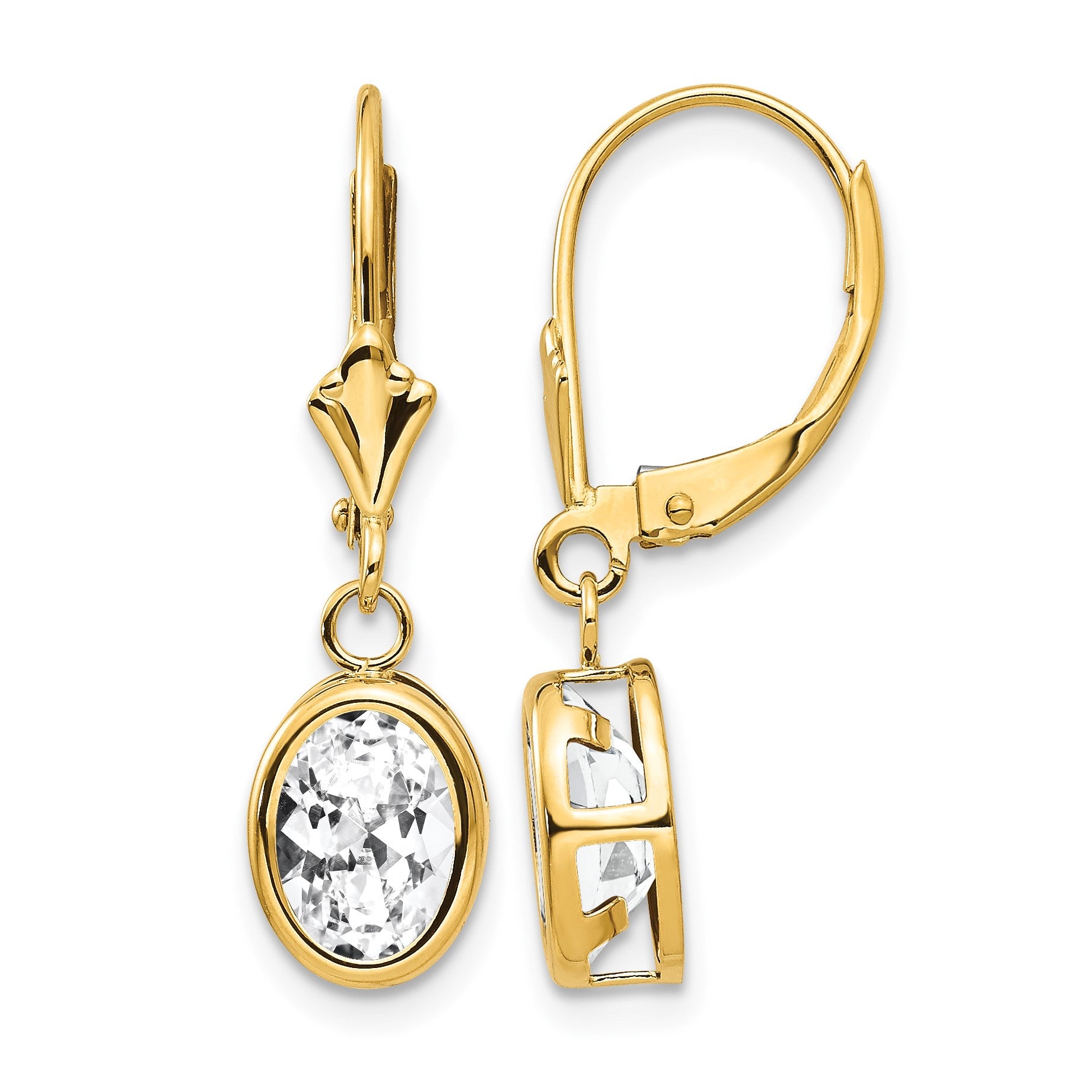 14k 8x6mm Oval Cubic Zirconia Bezel Leverback Dangle Earrings