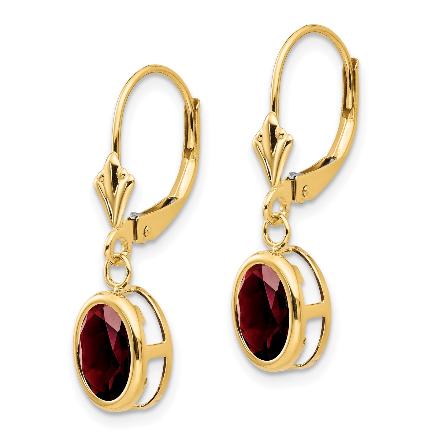 14k 8x6mm Oval Garnet Bezel Leverback Dangle Earrings