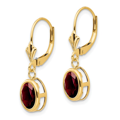 14k 8x6mm Oval Garnet Bezel Leverback Dangle Earrings