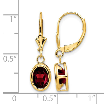 14k 8x6mm Oval Garnet Bezel Leverback Dangle Earrings