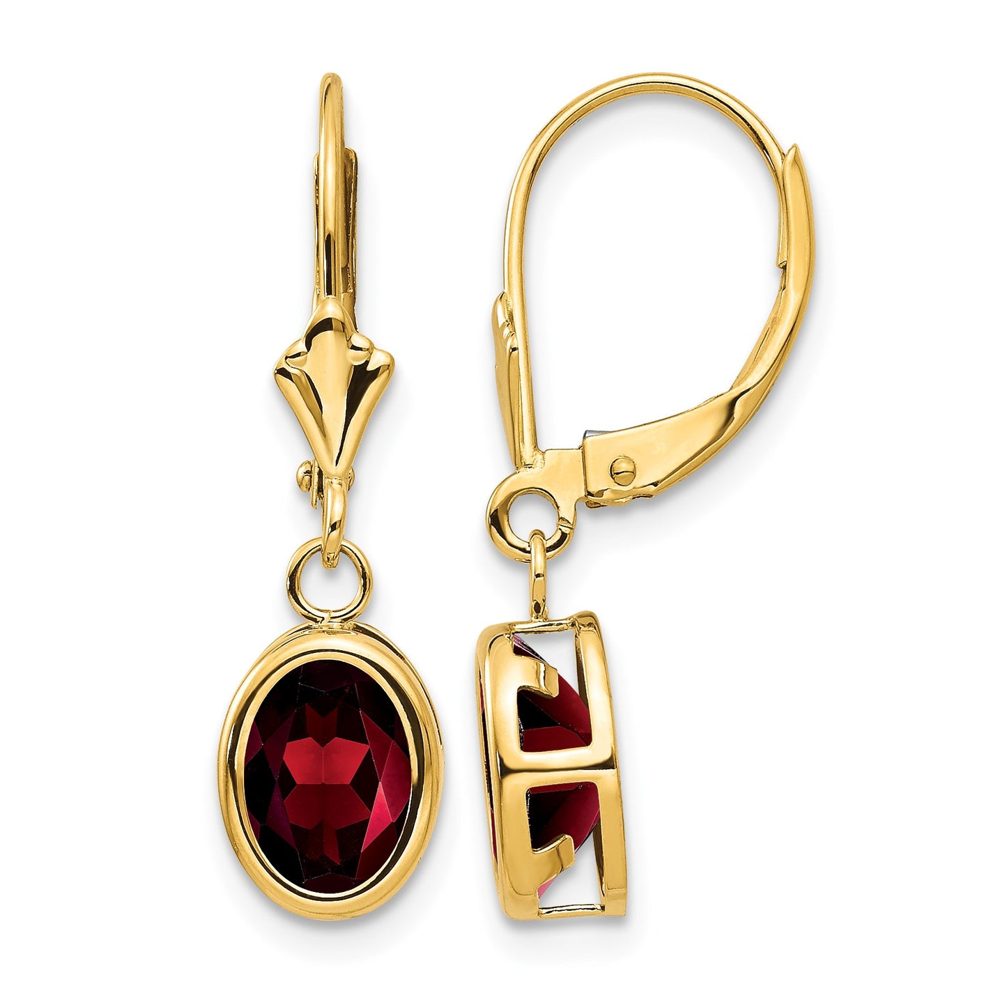 14k 8x6mm Oval Garnet Bezel Leverback Dangle Earrings
