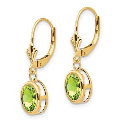 14k 8x6mm Oval Peridot Bezel Leverback Dangle Earrings