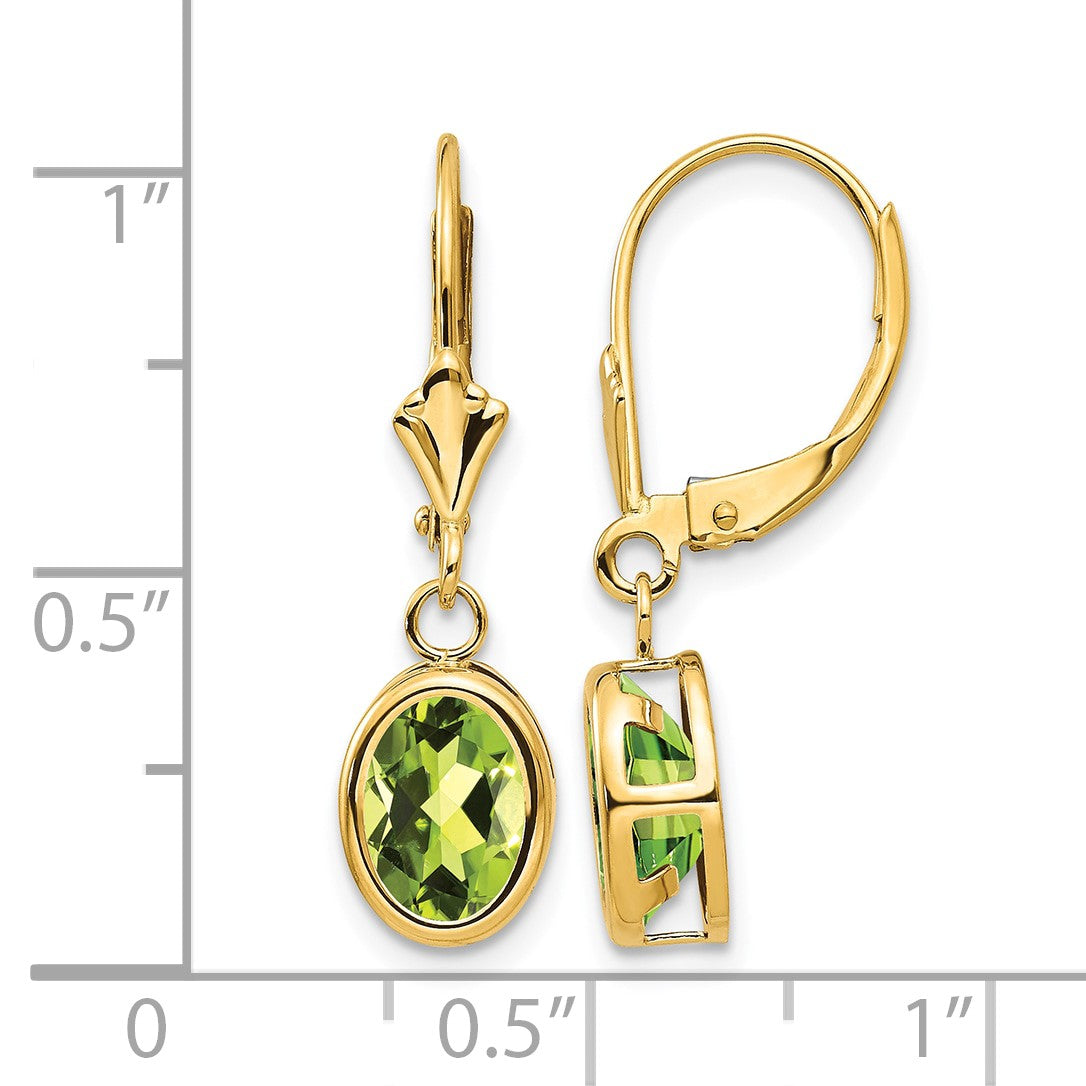 14k 8x6mm Oval Peridot Bezel Leverback Dangle Earrings