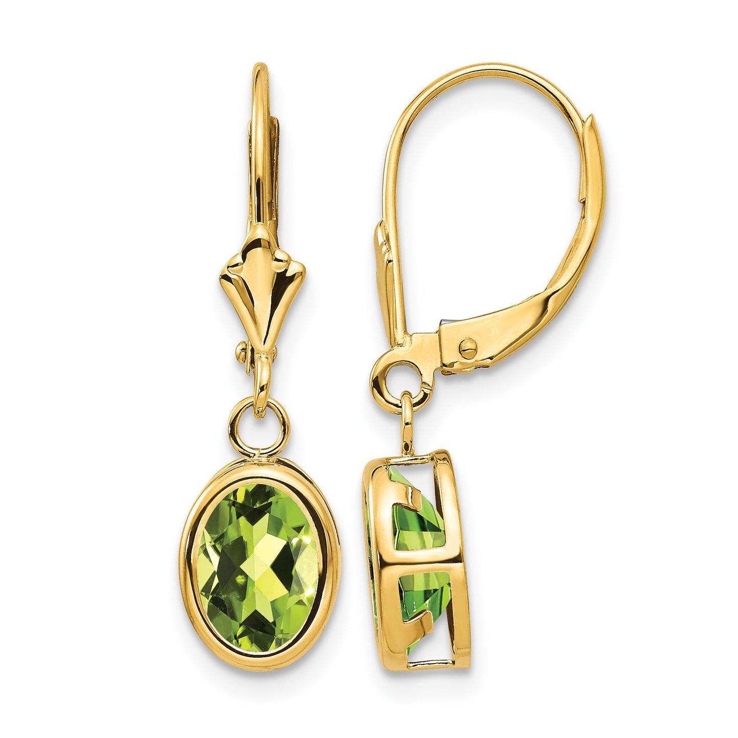 14k 8x6mm Oval Peridot Bezel Leverback Dangle Earrings