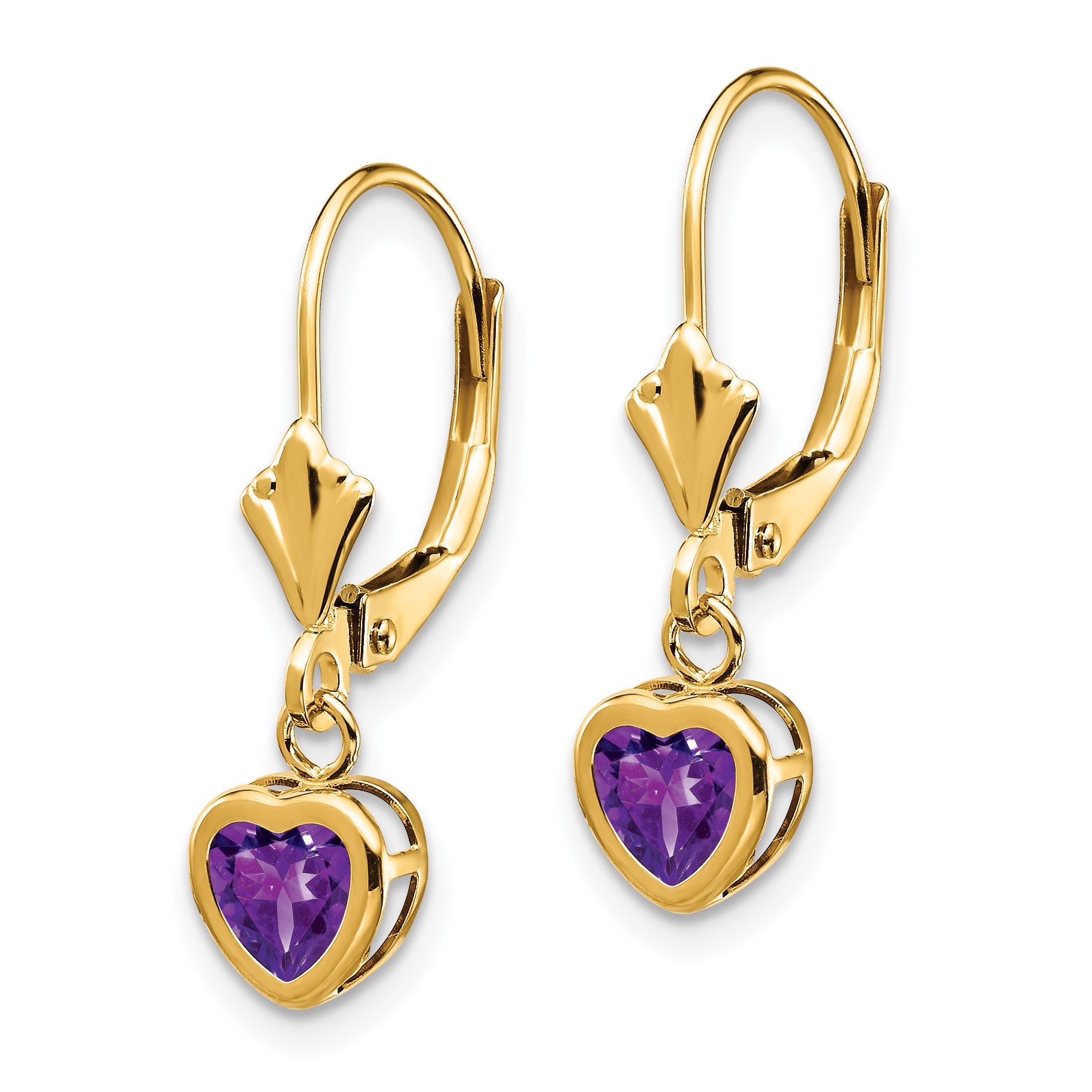 14k 5mm Heart Amethyst Bezel Leverback Dangle Earrings