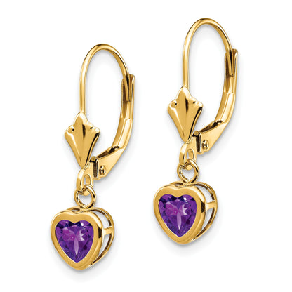 14k 5mm Heart Amethyst Bezel Leverback Dangle Earrings