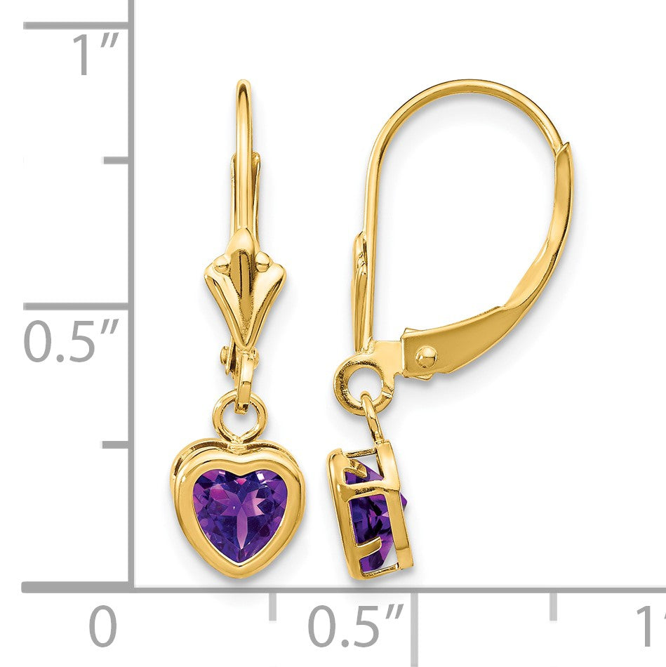 14k 5mm Heart Amethyst Bezel Leverback Dangle Earrings