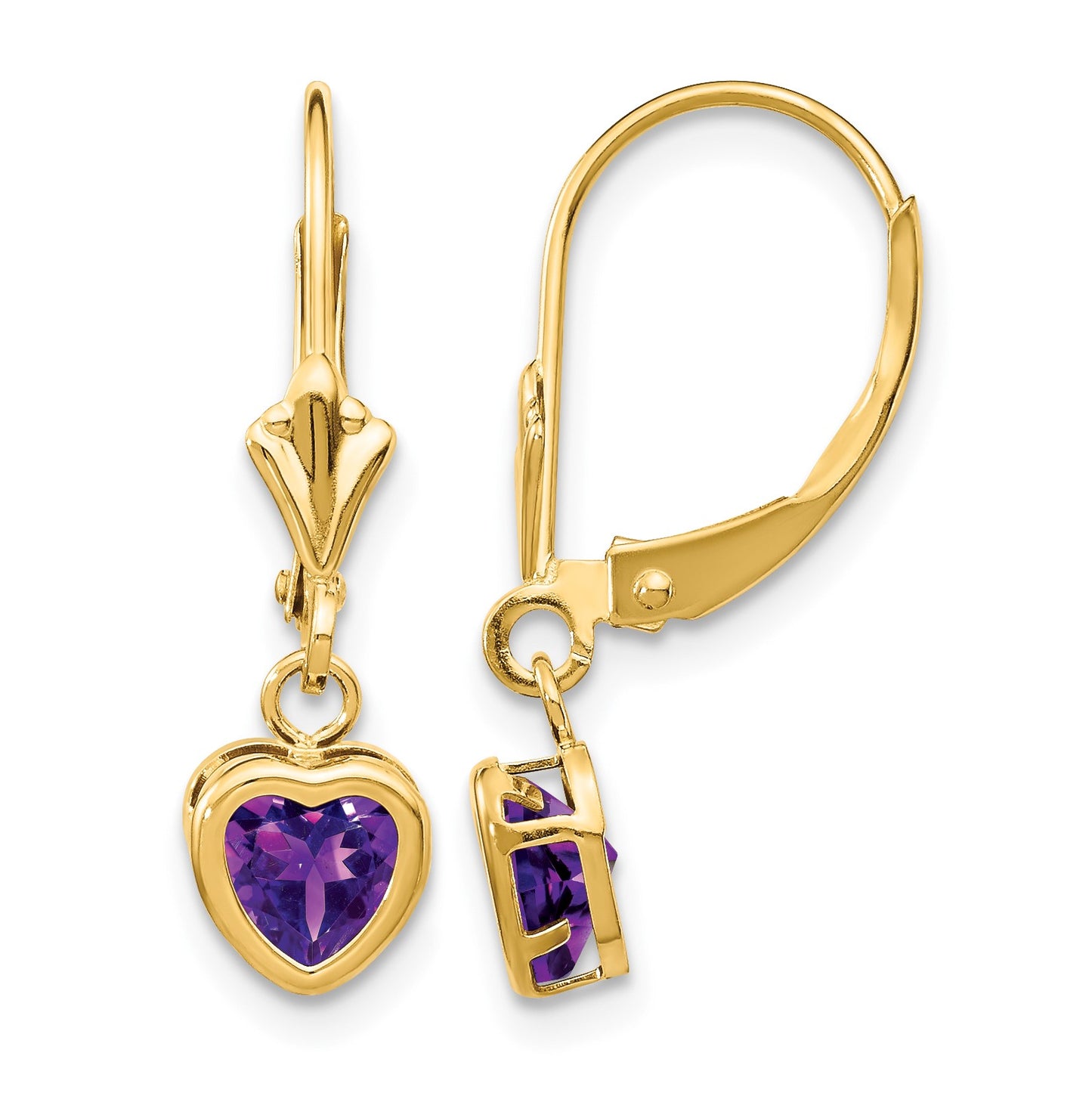 14k 5mm Heart Amethyst Bezel Leverback Dangle Earrings