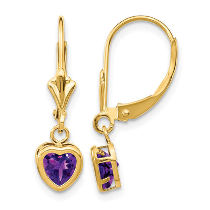 14k 5mm Heart Amethyst Bezel Leverback Dangle Earrings